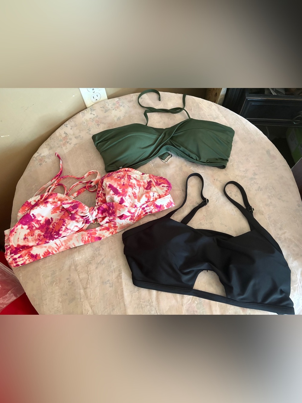 3 Bikini Tops - Black, Olive Green & Pink Floral